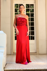 VESTIDO STRAPLESS PETALOS ROJO