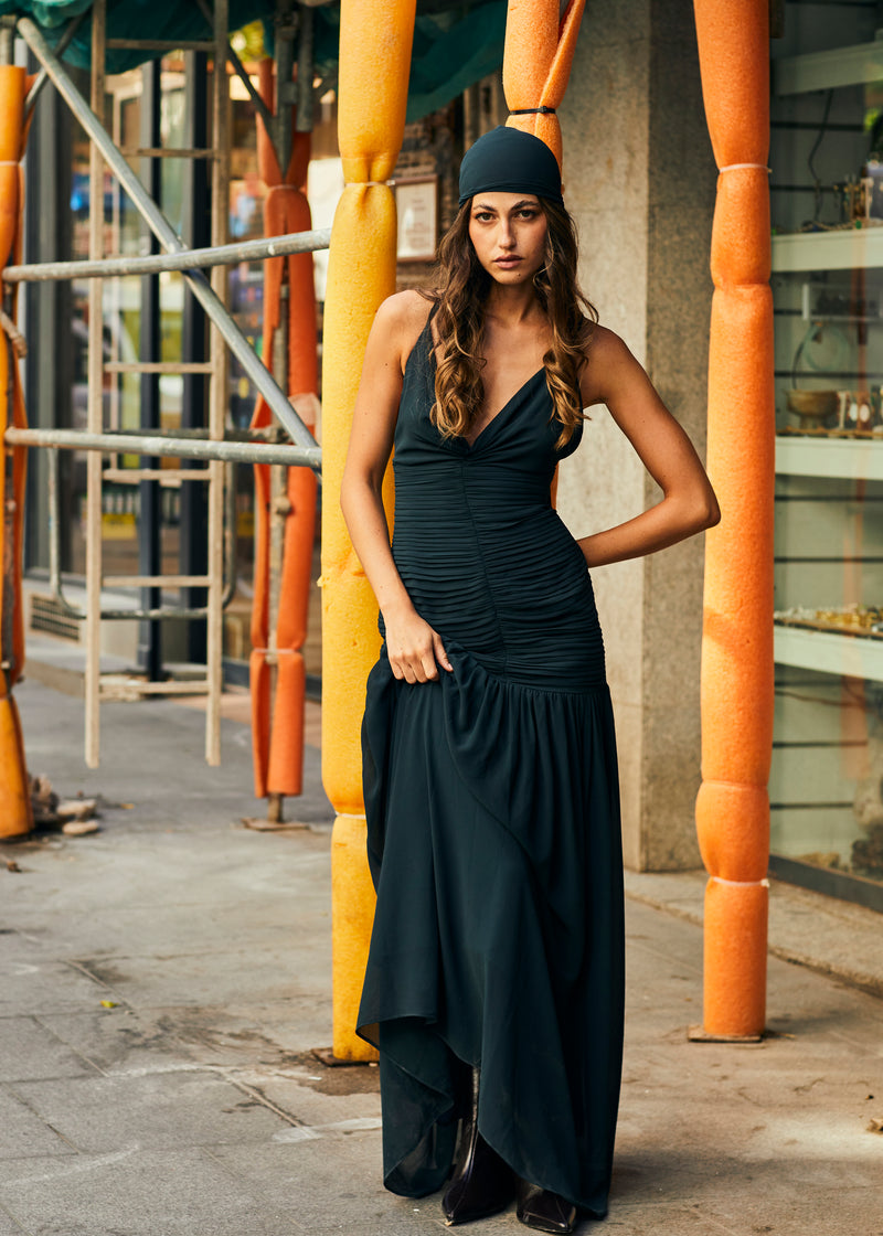 VESTIDO AMPARO VERDE PETROLEO